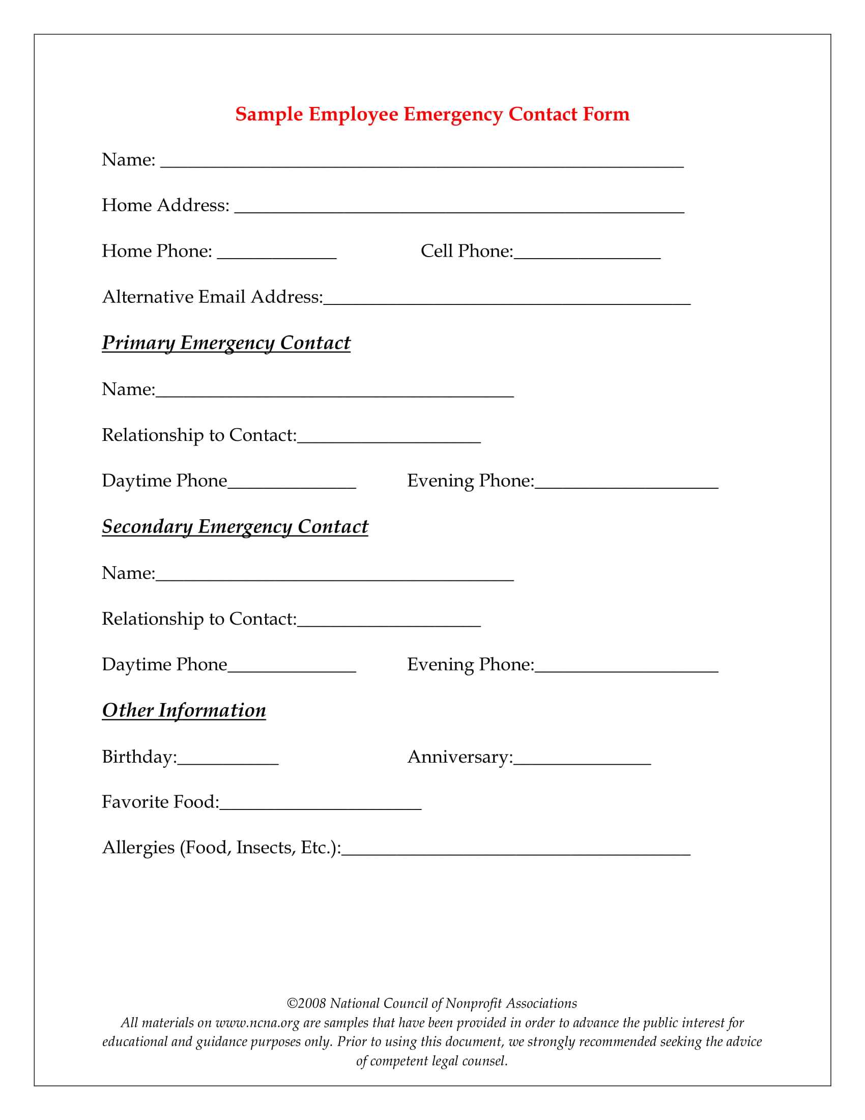 10+ Emergency Information Form Examples - Pdf | Examples For Emergency Contact Card Template