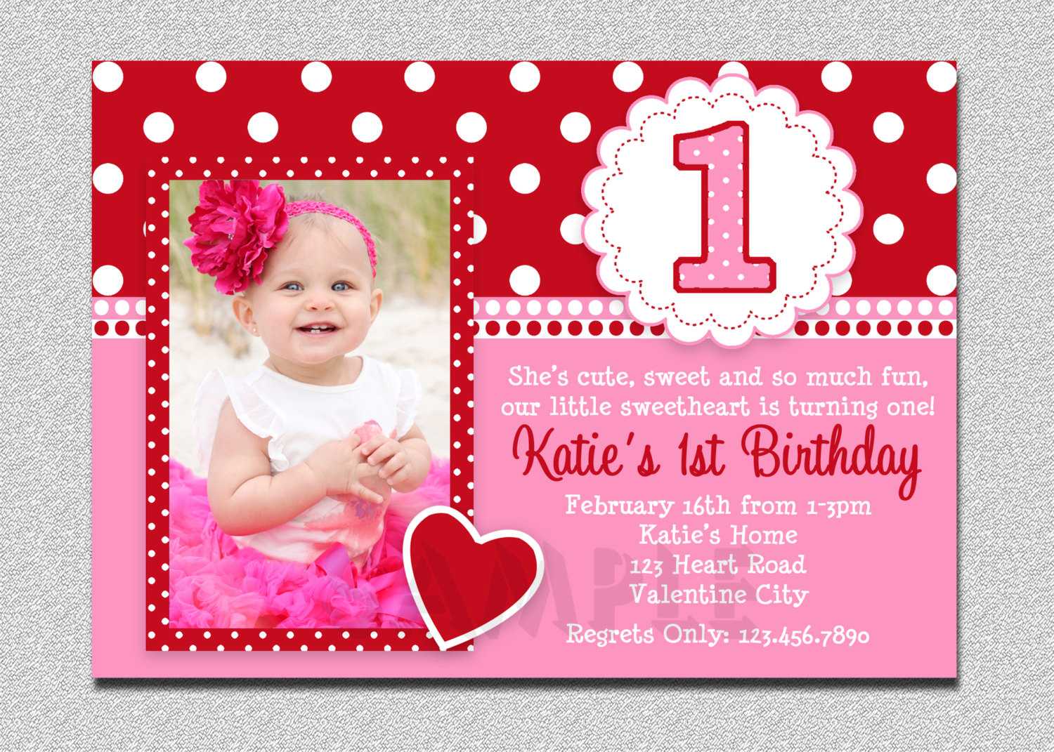 1St Birthday Invitations Girl Free Template : Valentines Inside First Birthday Invitation Card Template