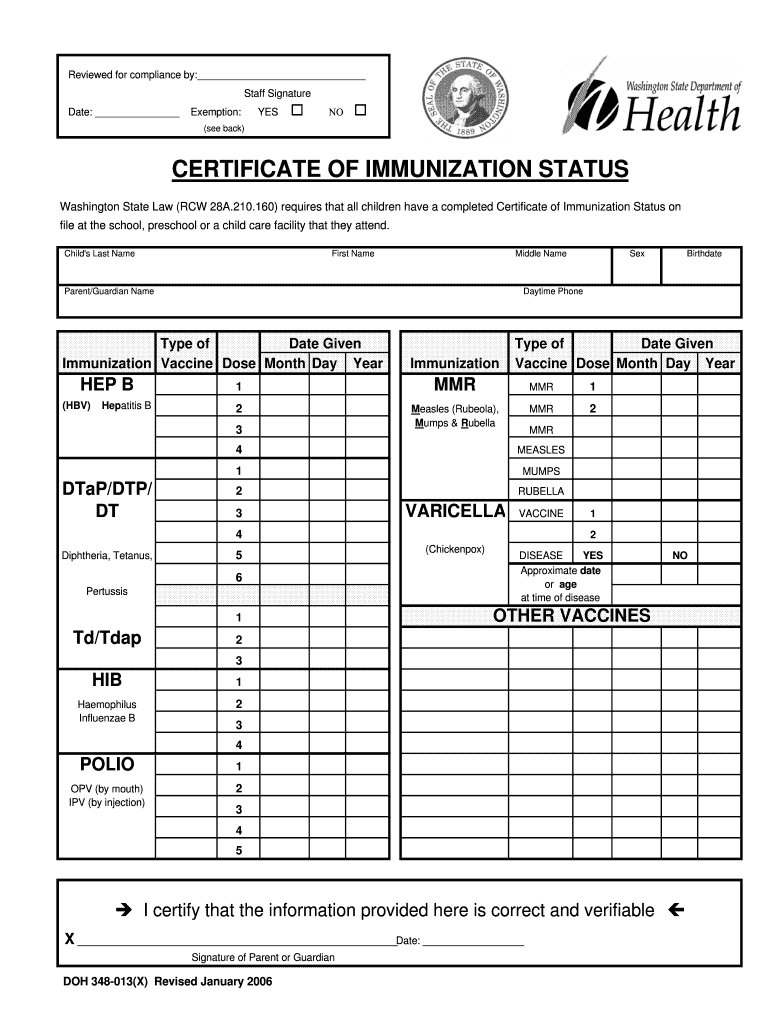 2006 Form Wa Doh 348 013 Fill Online, Printable, Fillable Throughout Certificate Of Vaccination Template