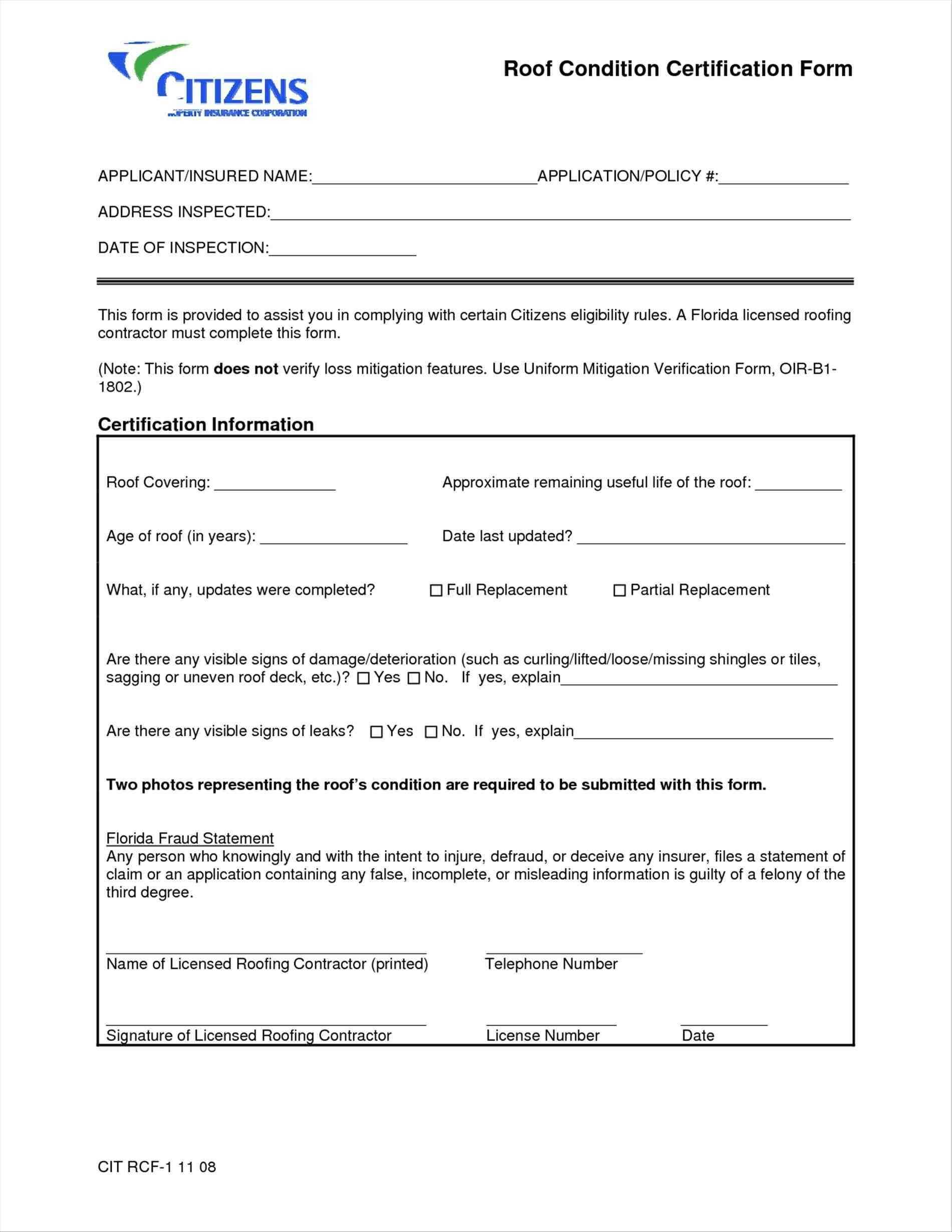 2008 Form Citizens Rcf 1 Fill Online Printable Fillable For Roof Certification Template