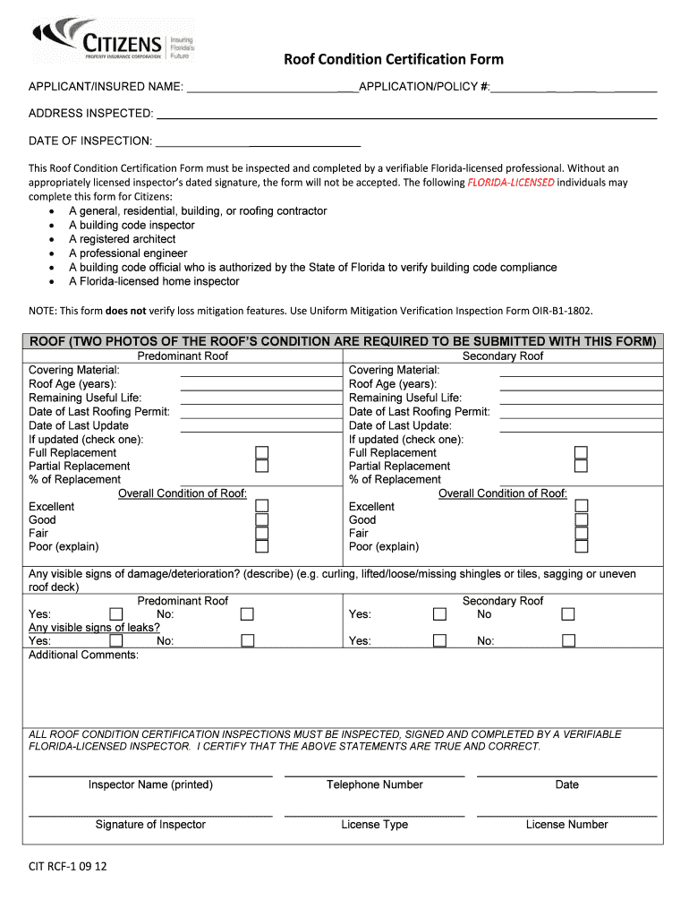 2012 2020 Form Citizens Rcf 1 Fill Online, Printable For Roof Certification Template