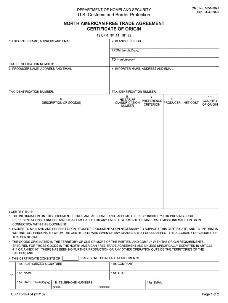 2016 2020 Form Cbp 434 Fill Online, Printable, Fillable With Nafta Certificate Template