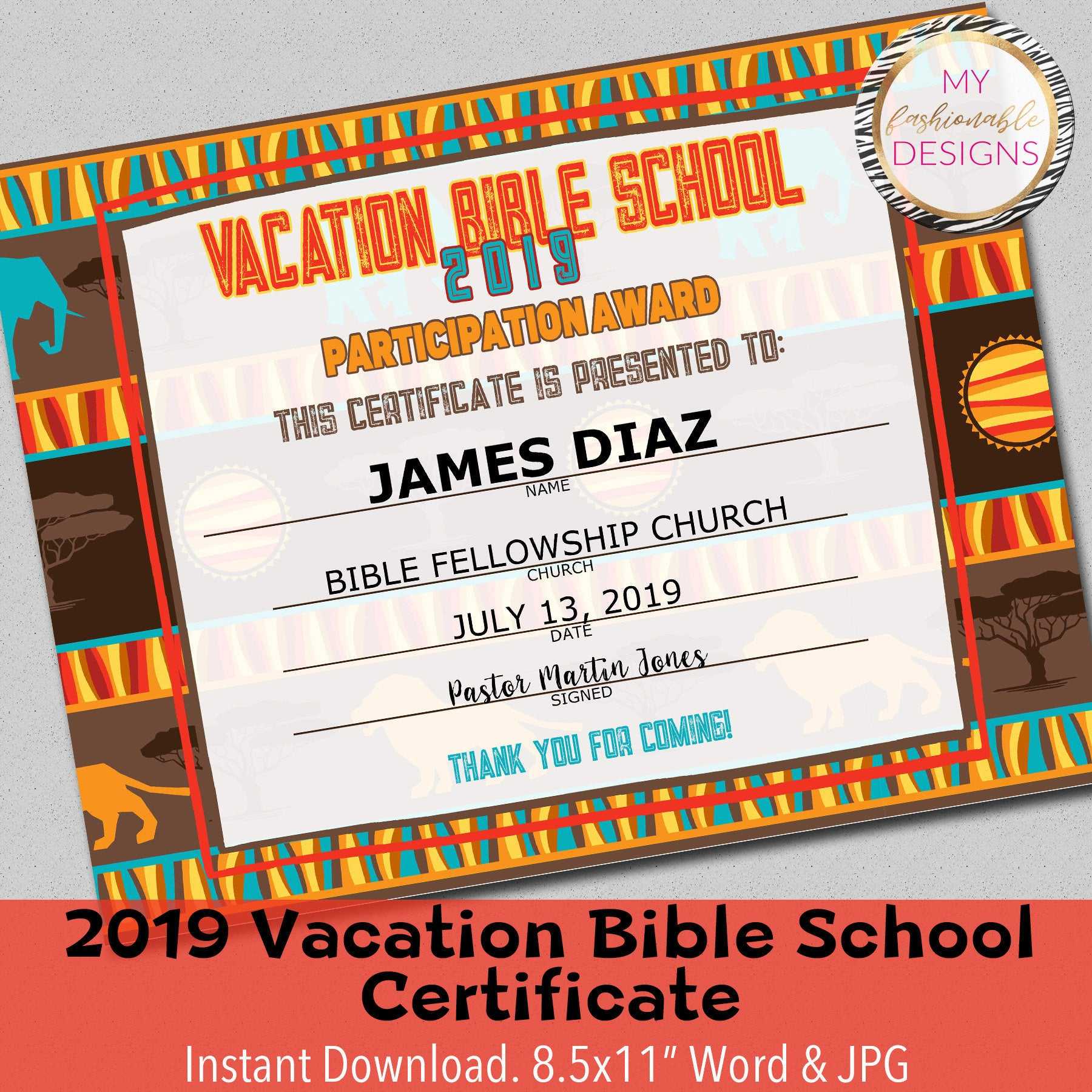 2019 Vbs Certificate, Vacation Bible School, Instant Download – 8.5X11"  Word And Jpg For Free Vbs Certificate Templates
