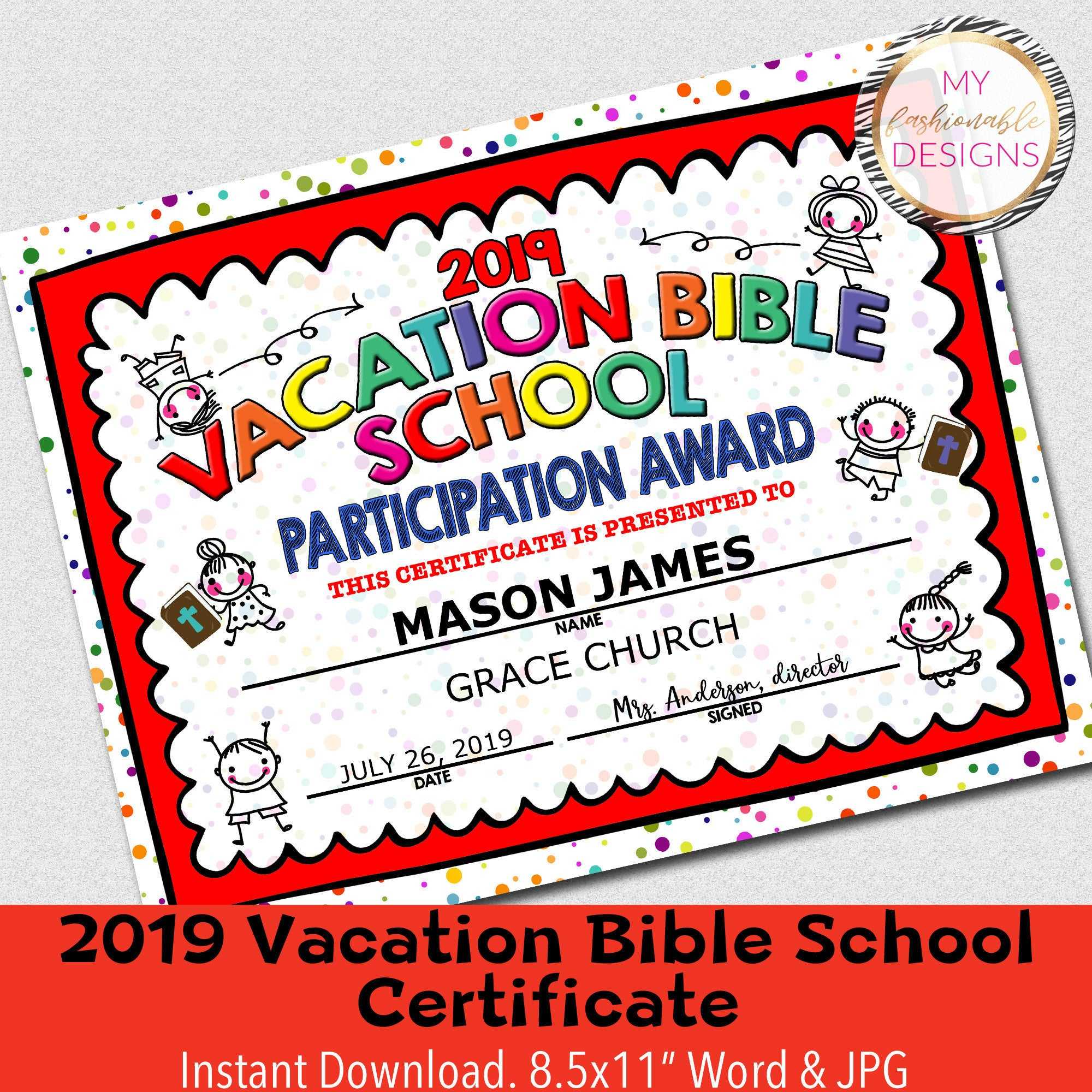2019 Vbs Certificate, Vacation Bible School, Instant Download – 8.5X11"  Word And Jpg Pertaining To Free Vbs Certificate Templates