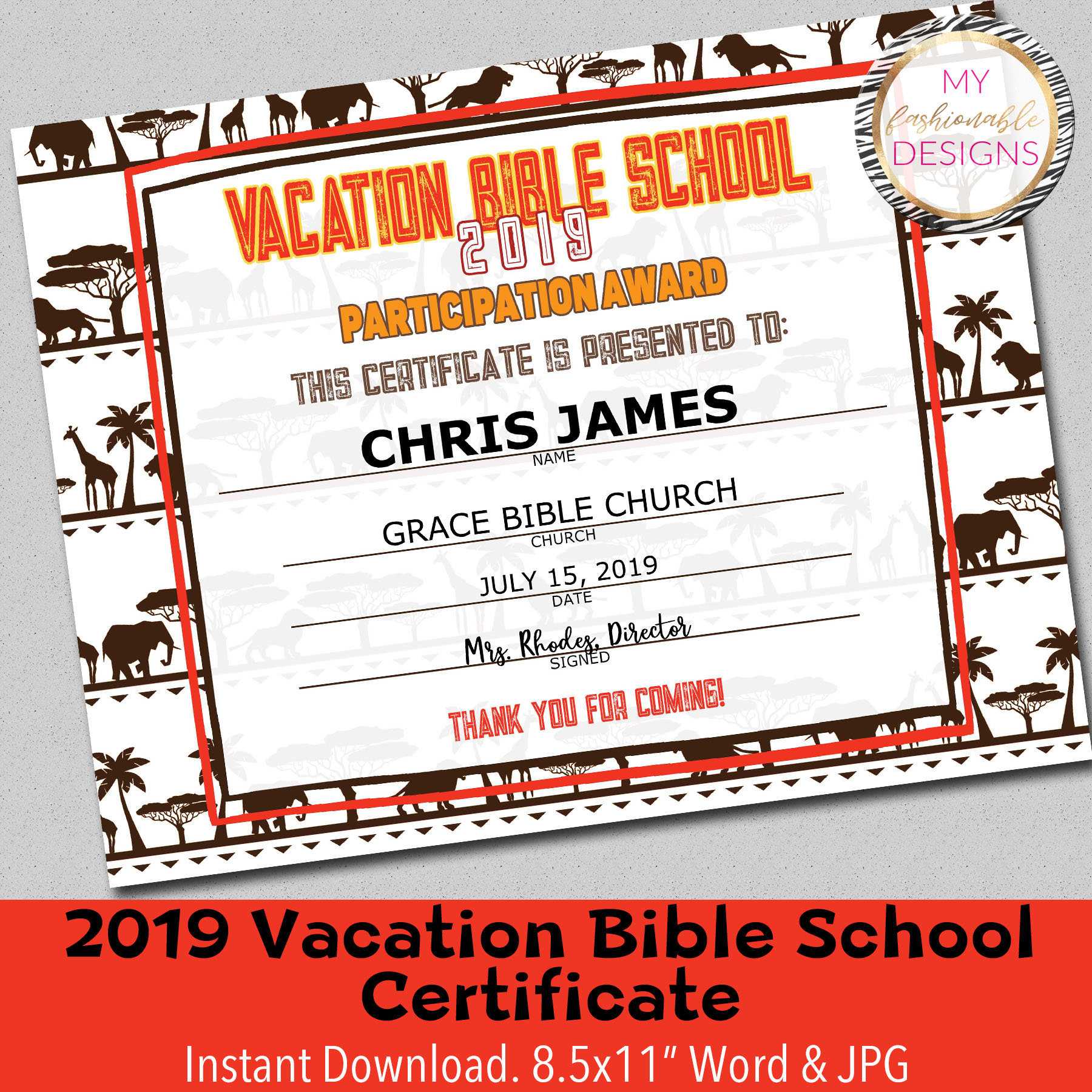 2019 Vbs Certificate, Vacation Bible School, Lion Roar Vbs, Instant  Download – 8.5X11" Word And Jpg Intended For Vbs Certificate Template