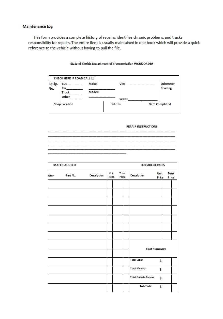 40 Printable Vehicle Maintenance Log Templates ᐅ Template Lab Within Mechanics Job Card Template