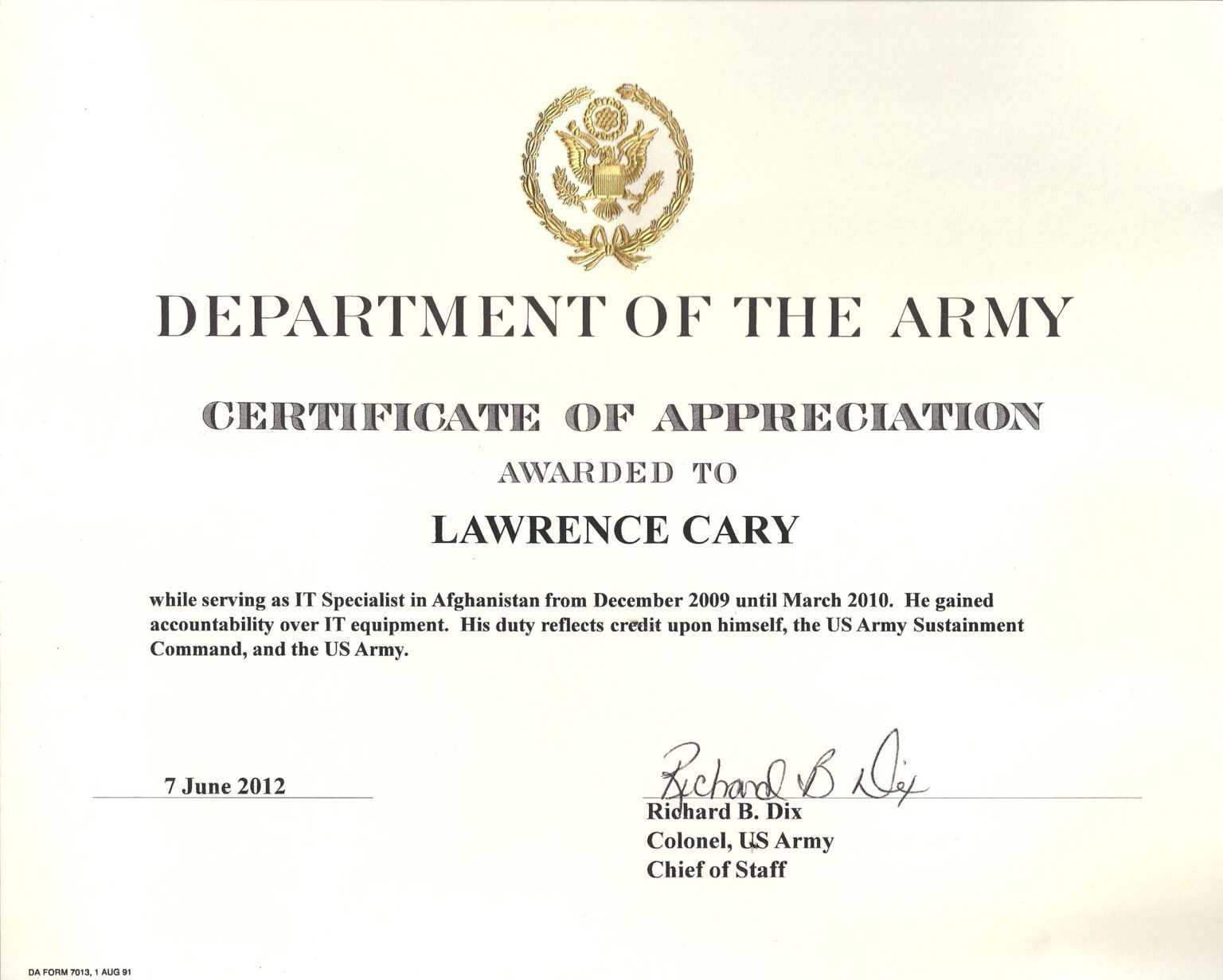 Certificate Of Achievement Army Template