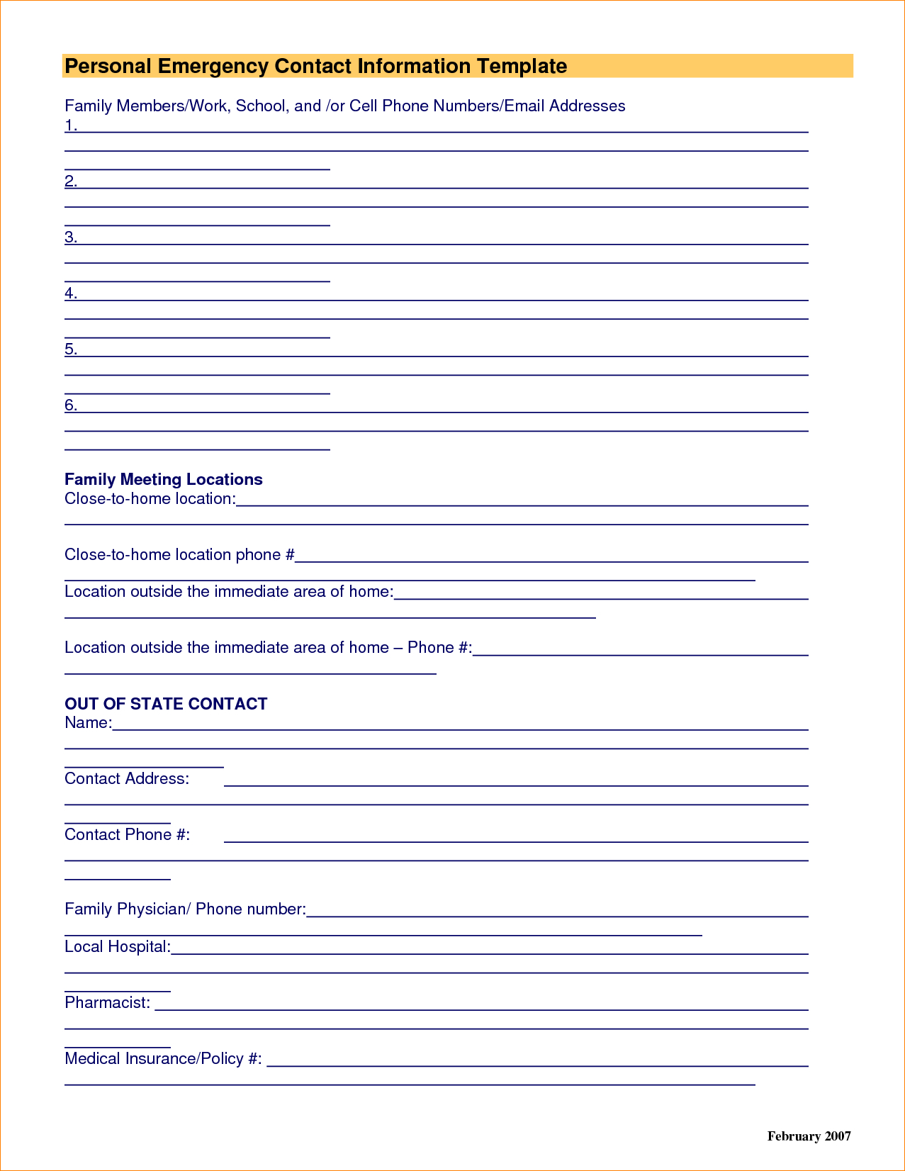 6+ Emergency Contact Template | Outline Templates In Emergency Contact Card Template
