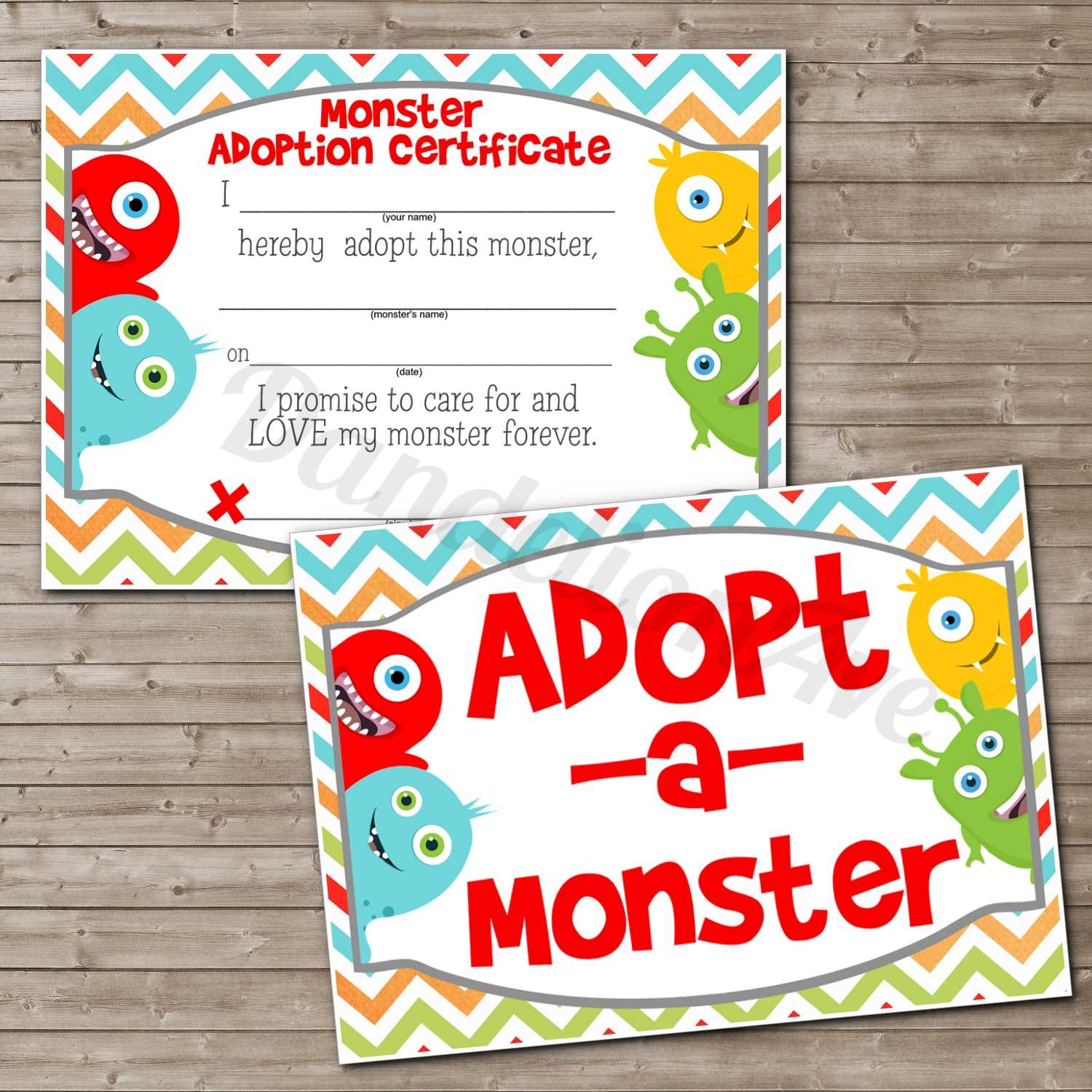 Adopt A Monster Certificate And Sign Set | Dandelion Avenue Throughout Toy Adoption Certificate Template