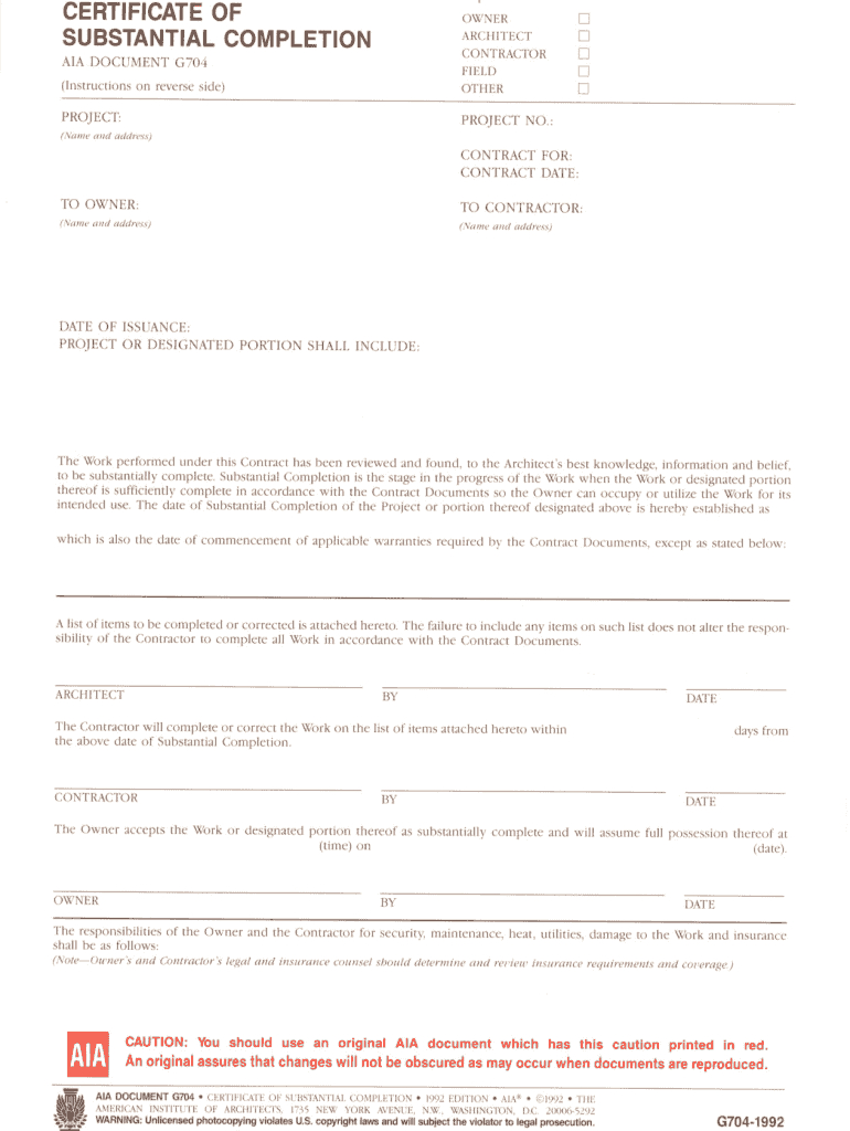 Aia G704 – Fill Online, Printable, Fillable, Blank | Pdffiller Intended For Certificate Of Substantial Completion Template