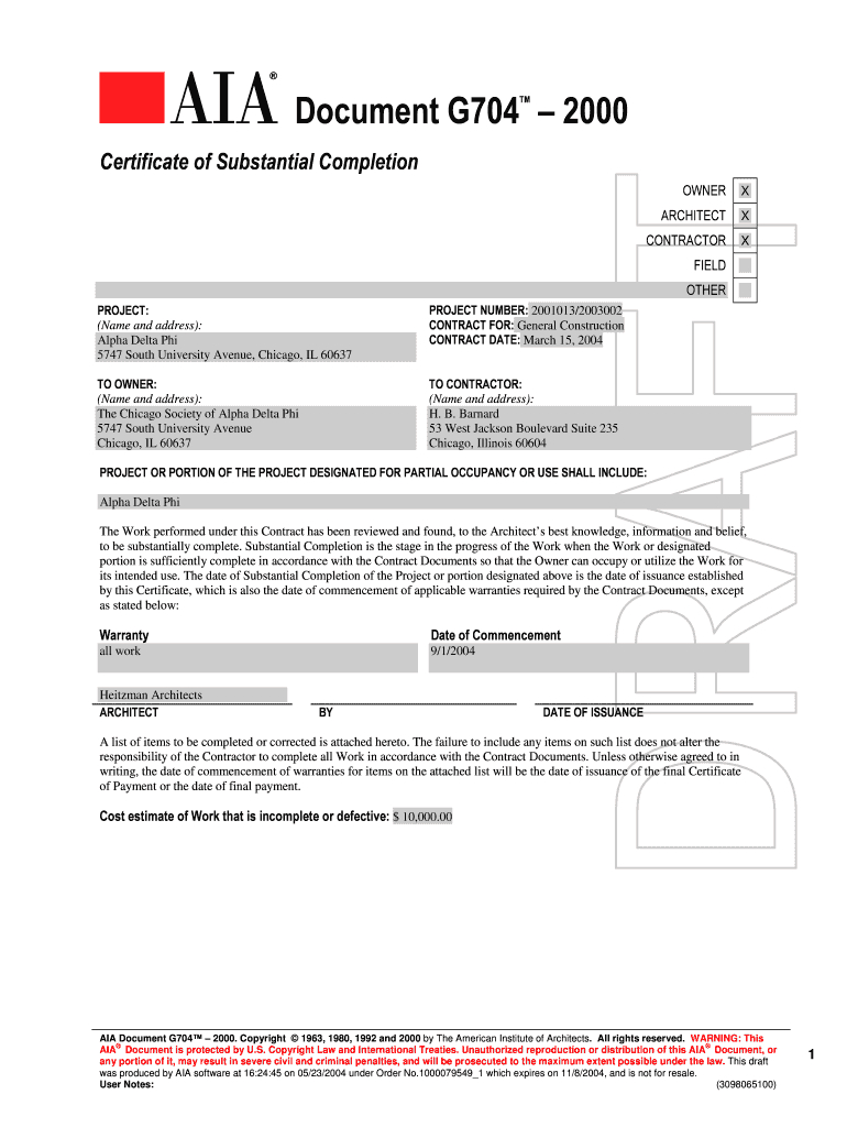 Aia G704 – Fill Online, Printable, Fillable, Blank | Pdffiller Regarding Certificate Of Substantial Completion Template