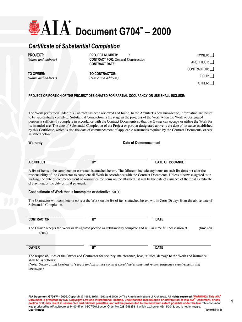 Aia G704 – Fill Online, Printable, Fillable, Blank | Pdffiller With Regard To Certificate Of Substantial Completion Template