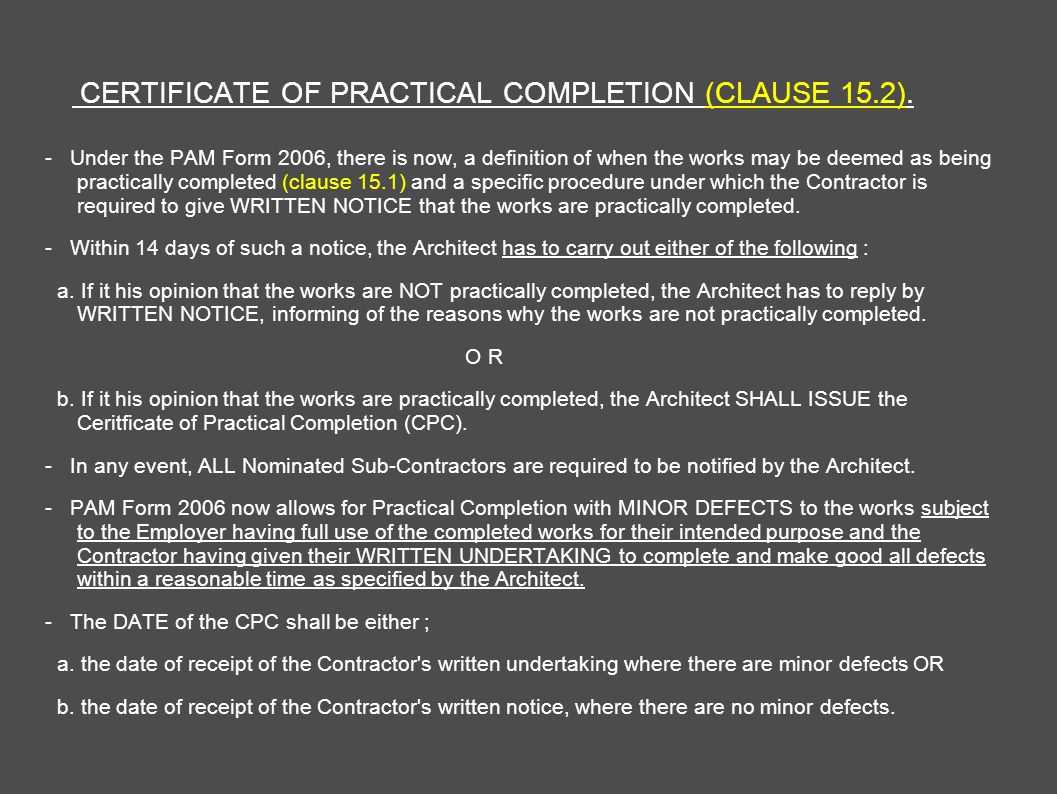 Architect's Certification Under The Pam Contract 2006 With Practical Completion Certificate Template Jct