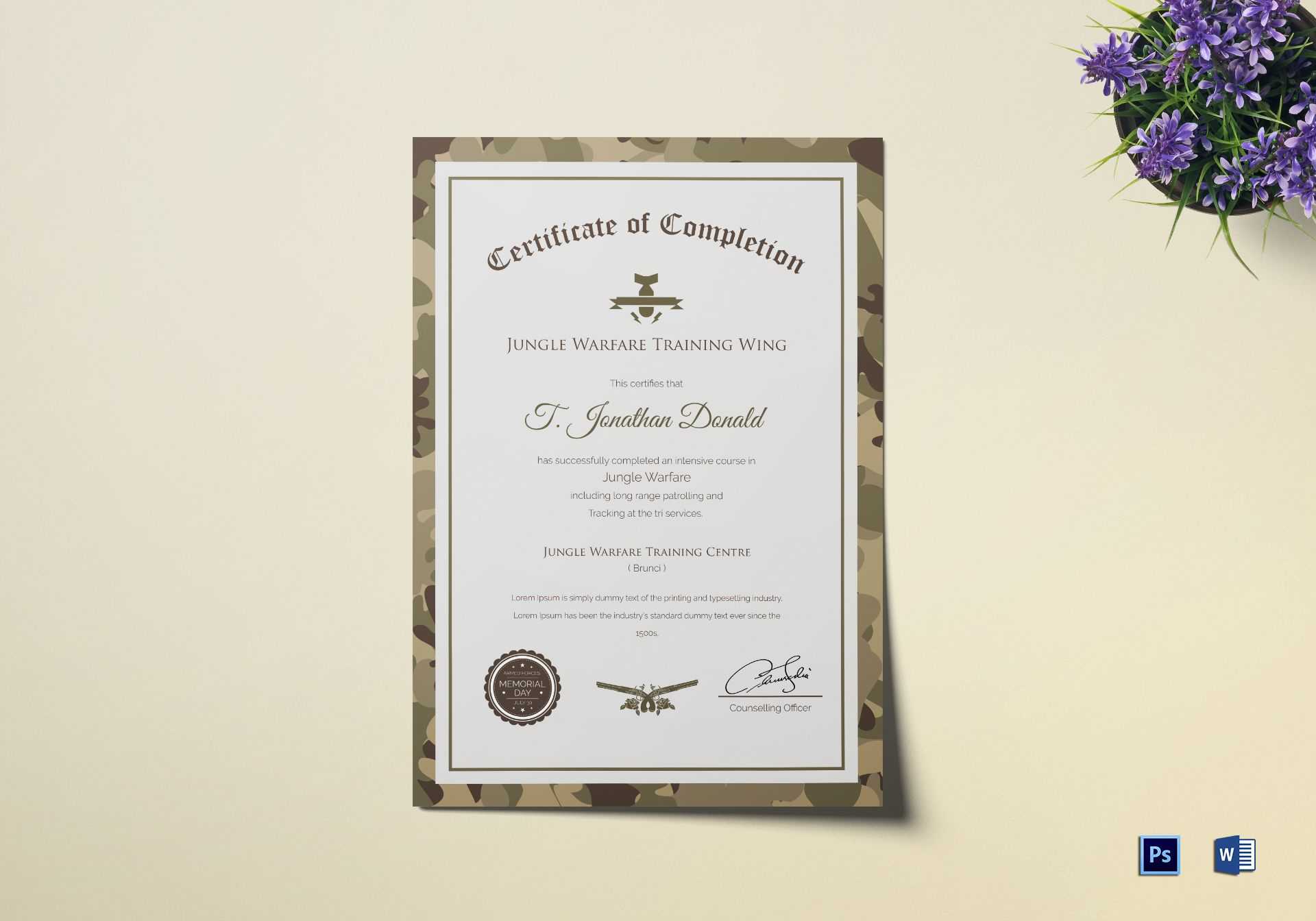 Army Camo Training Completion Certificate Template Within Army Certificate Of Completion Template