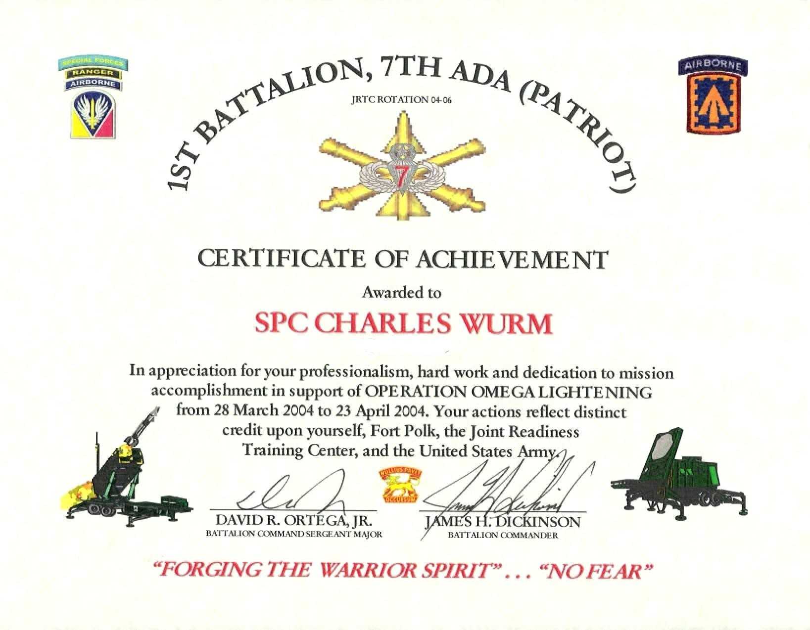 Army Certificate Of Achievement Template For Word Regarding Army Certificate Of Achievement Template