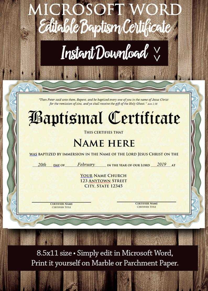 Baptism Certificate Template – Microsoft Word Editable File – Printable  Certificate Template – Instant Download Pertaining To Baptism Certificate Template Word