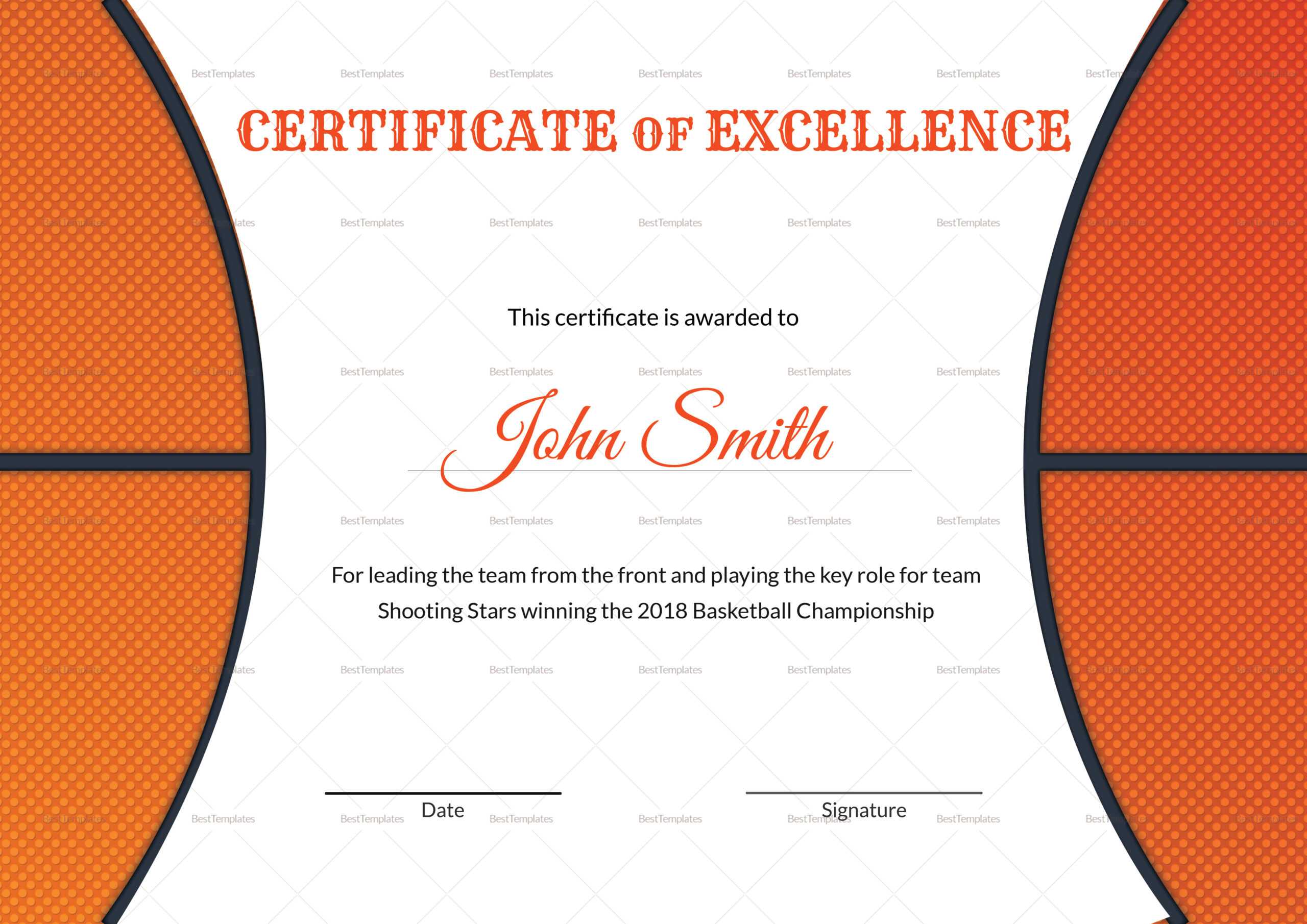 Basketball Excellence Award Certificate Template Regarding Basketball Certificate Template