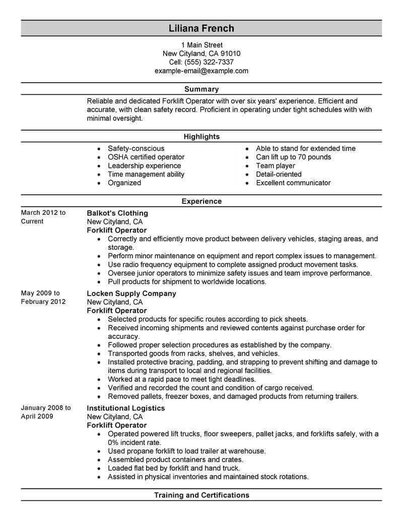 Best Forklift Operator Resume Example | Livecareer With Regard To Forklift Certification Template