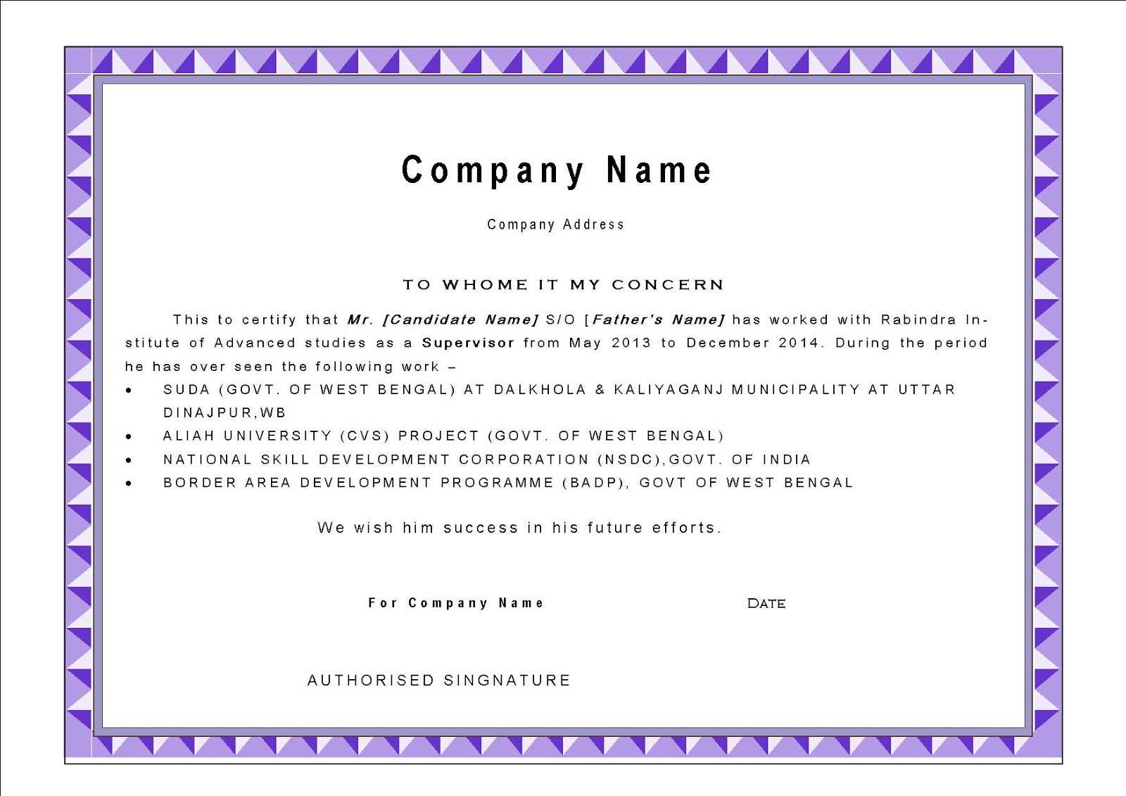 Best Work Experience Certificate Letter Template With Purple Throughout Certificate Of Experience Template