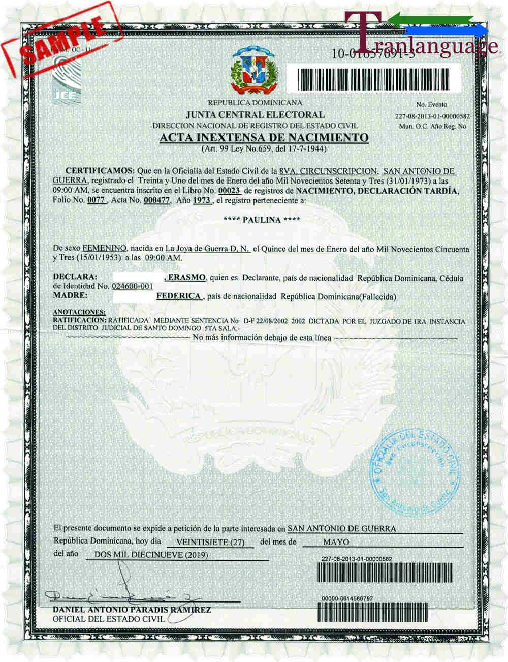 Birth Certificate Dominican Republic Pertaining To Birth Certificate Translation Template English To Spanish