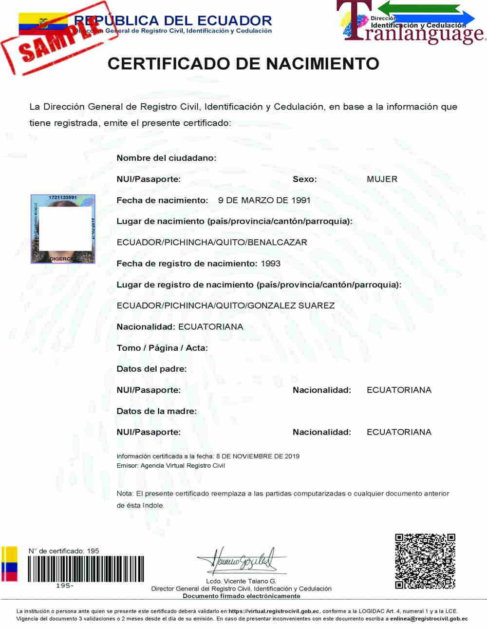 Birth Certificate Ecuador In Uscis Birth Certificate Translation Template