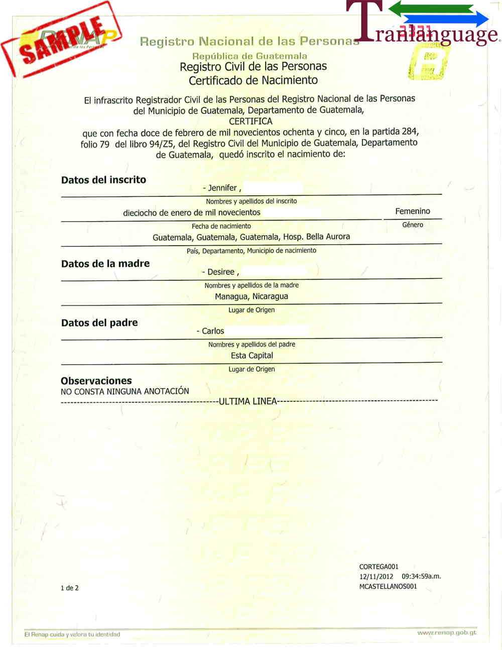 Birth Certificate Guatemala Throughout Birth Certificate Translation Template English To Spanish