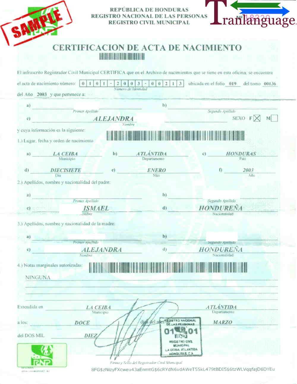 Birth Certificate Honduras In Spanish To English Birth Certificate Translation Template