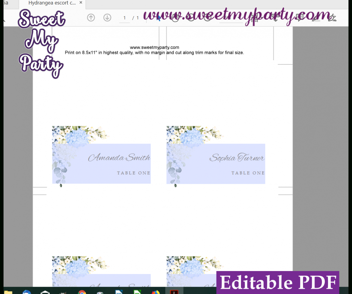 Blue Ivory Hydrangea Escort Cards Template,hydrangea Place Cards  Template,(139) Throughout Place Card Size Template