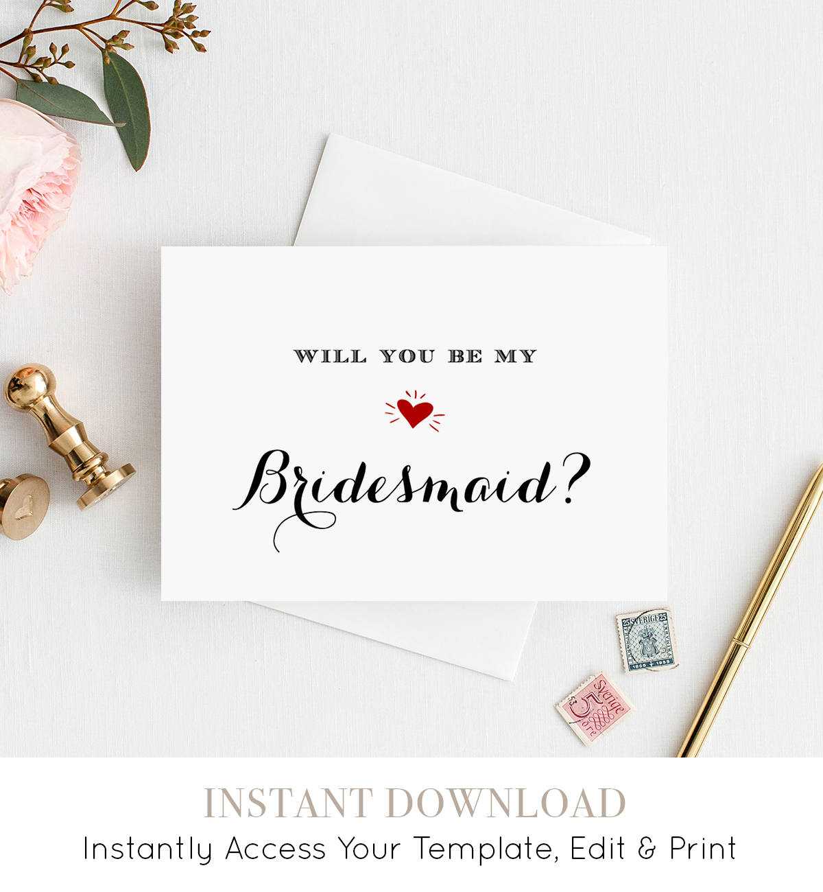 Bridesmaid Card Template, Printable Will You Be My Inside Will You Be My Bridesmaid Card Template