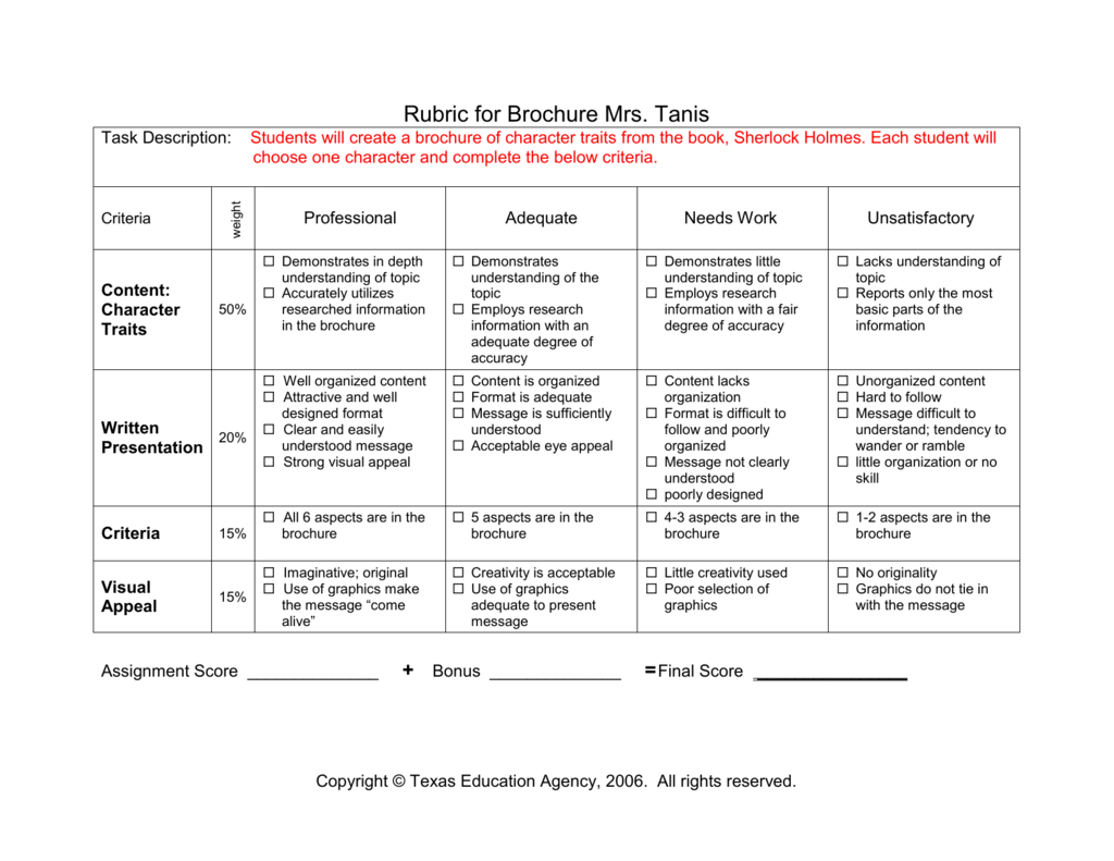 Brochure Grading Frankenstein In Brochure Rubric Template