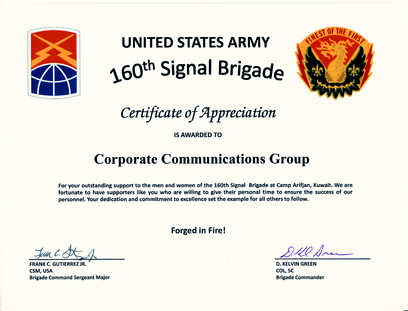 Ccg Receives Certificate Of Appreciation From U.s. Army With Army Certificate Of Appreciation Template