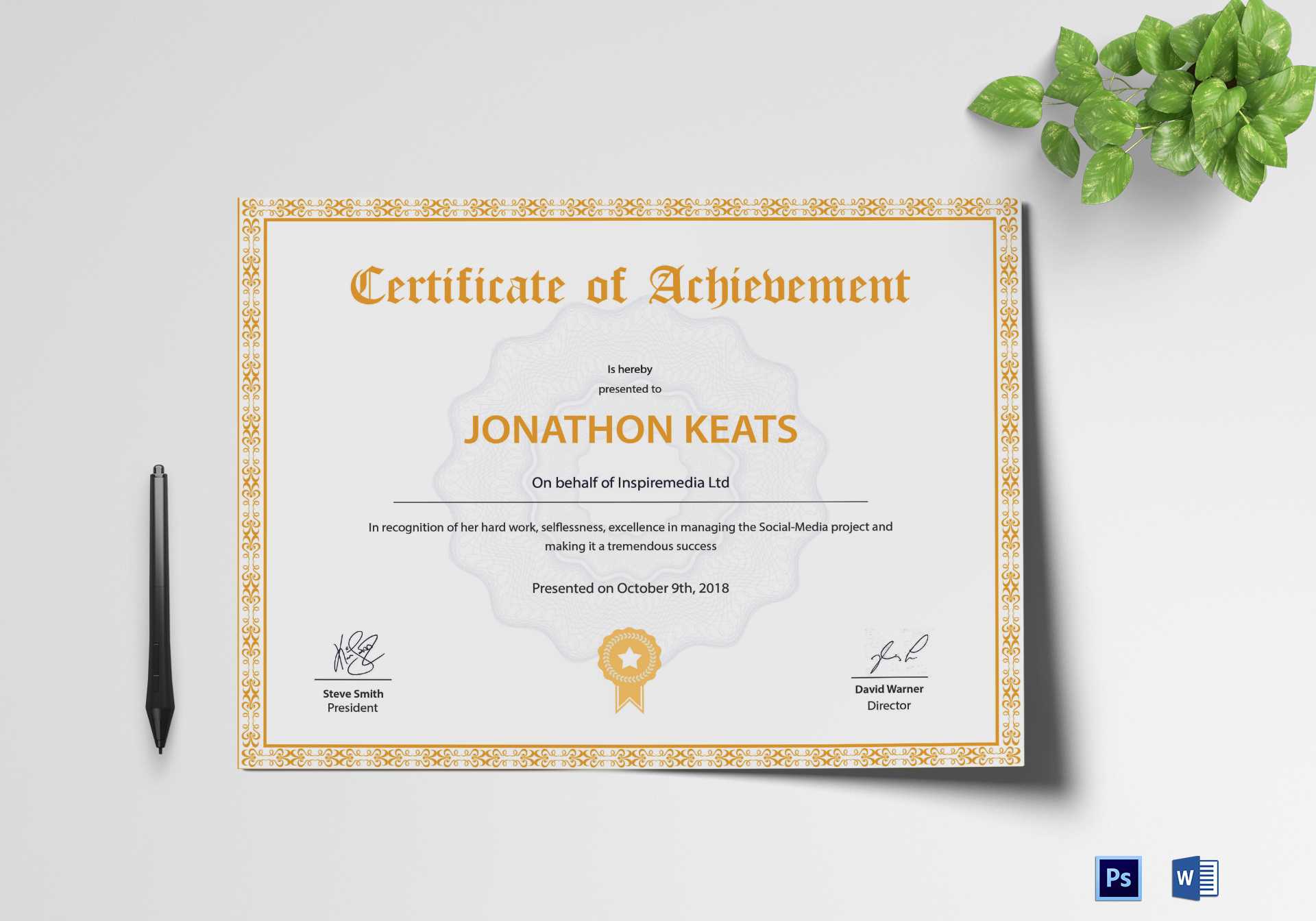 Certificate Of Achievement Template Pertaining To Word Certificate Of Achievement Template