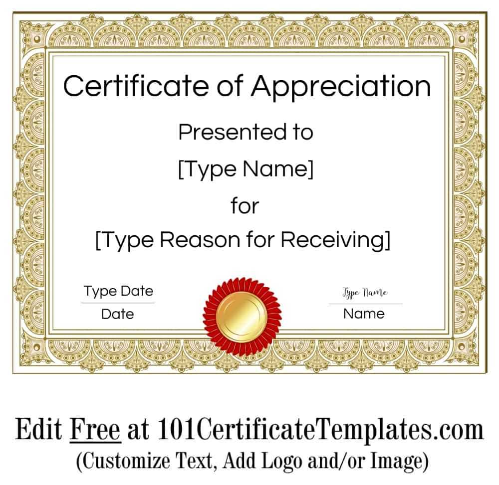 Certificate Of Appreciation Throughout Certificate Of Appreciation Template Free Printable