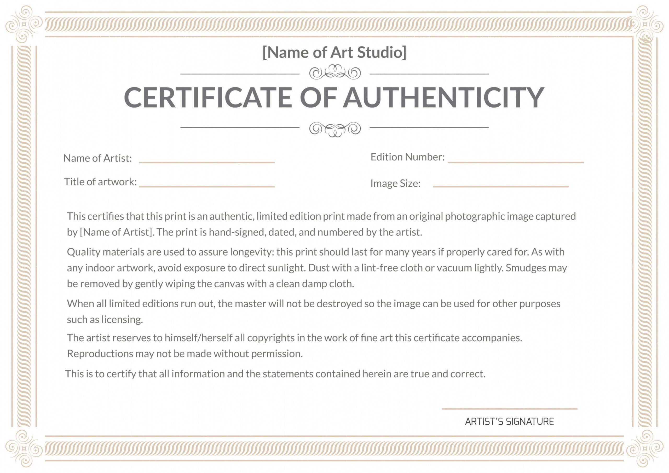 Certificate Of Authenticity Art Template – Beyti Within Certificate Of Authenticity Template