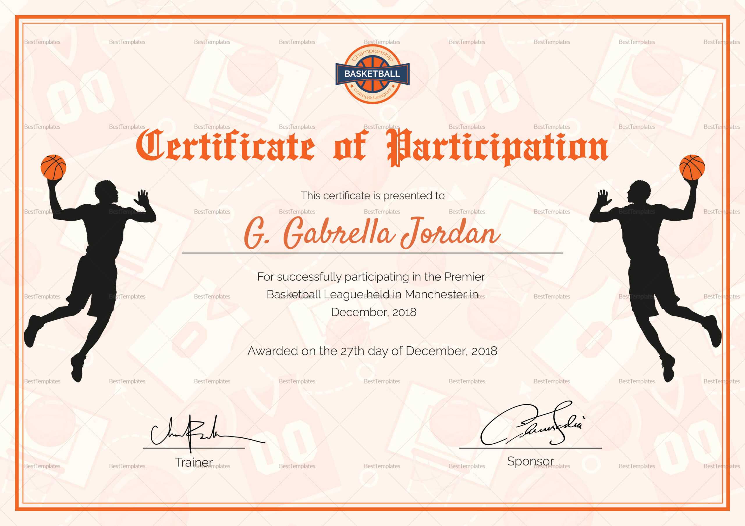 Certificate Of Basketball Participation Template Intended For Basketball Certificate Template