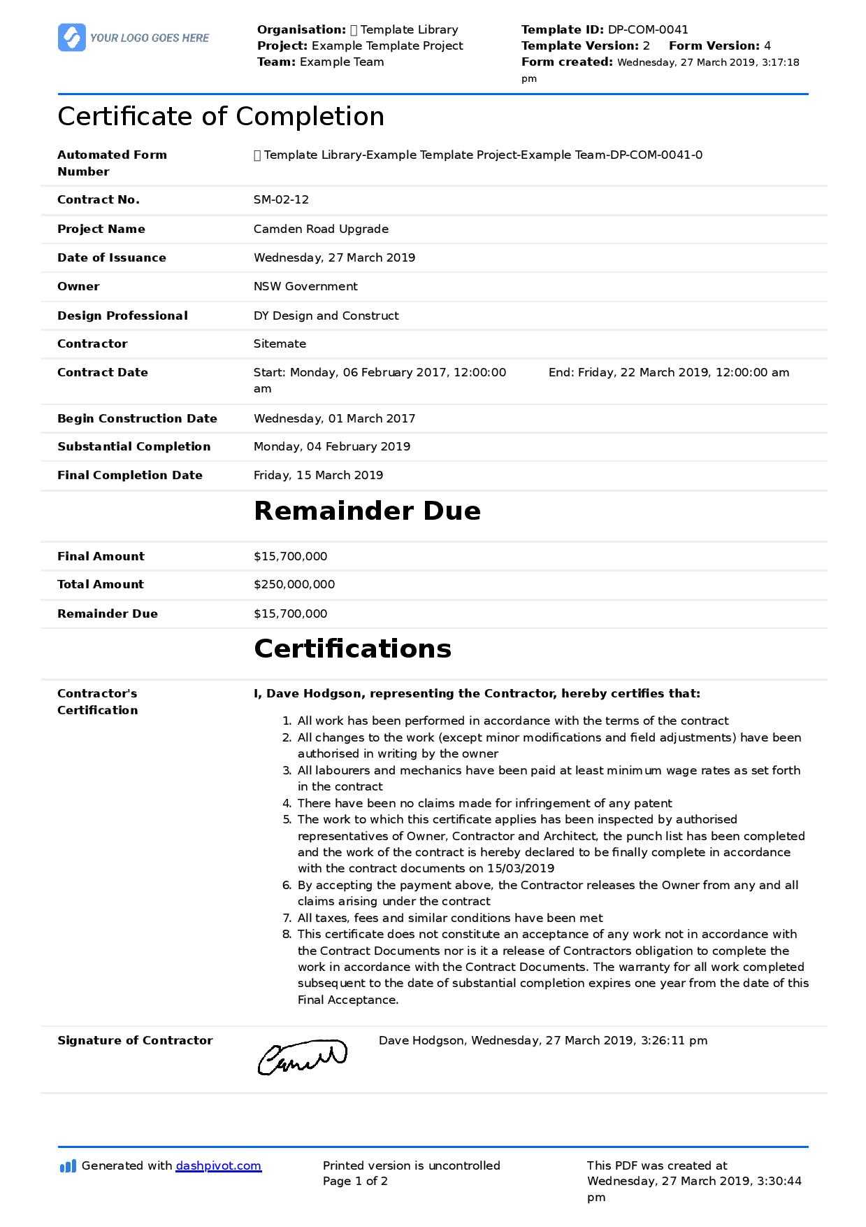 Certificate Of Completion For Construction (Free Template + Pertaining To Construction Certificate Of Completion Template