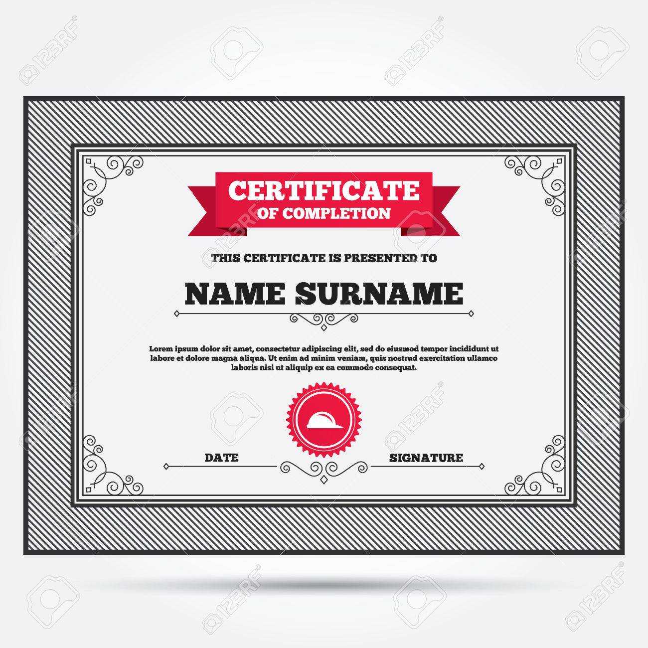 Certificate Of Completion. Hard Hat Sign Icon. Construction Helmet.. Inside Certificate Of Completion Template Construction