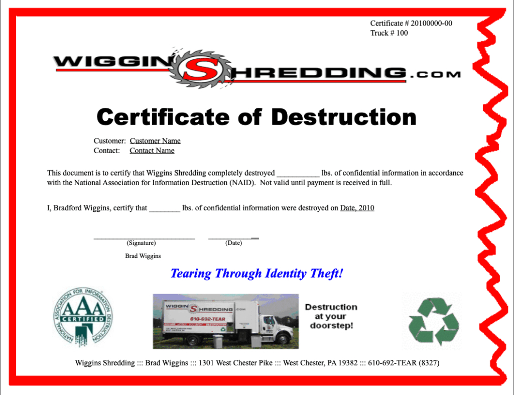 Certificate Of Destruction Intended For Certificate Of Destruction Template
