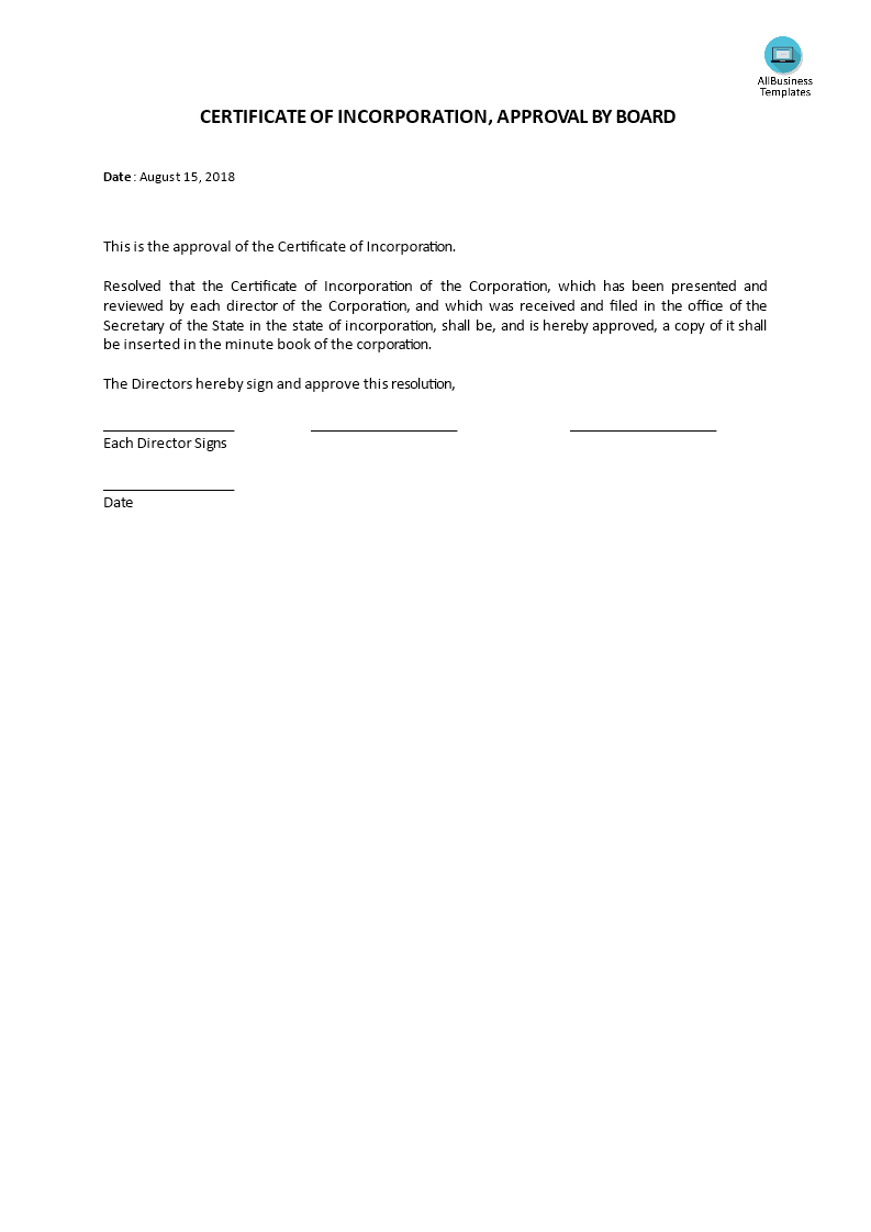 Certificate Of Incorporation, Board Acceptance | Templates At Pertaining To Certificate Of Acceptance Template