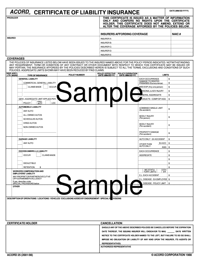 Certificate Of Insurance Template – Fill Online, Printable Intended For Certificate Of Liability Insurance Template