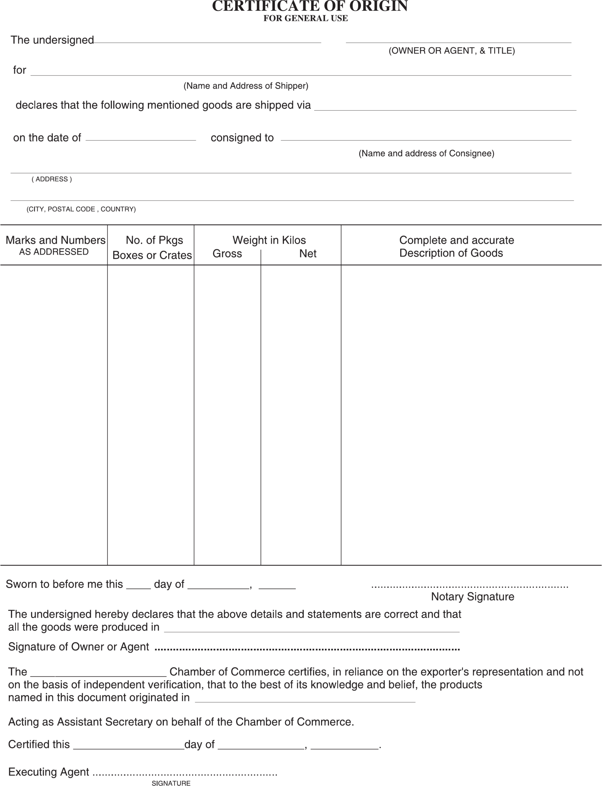 Certificate Of Origin – For General Use Free Download With Regard To Certificate Of Origin Form Template