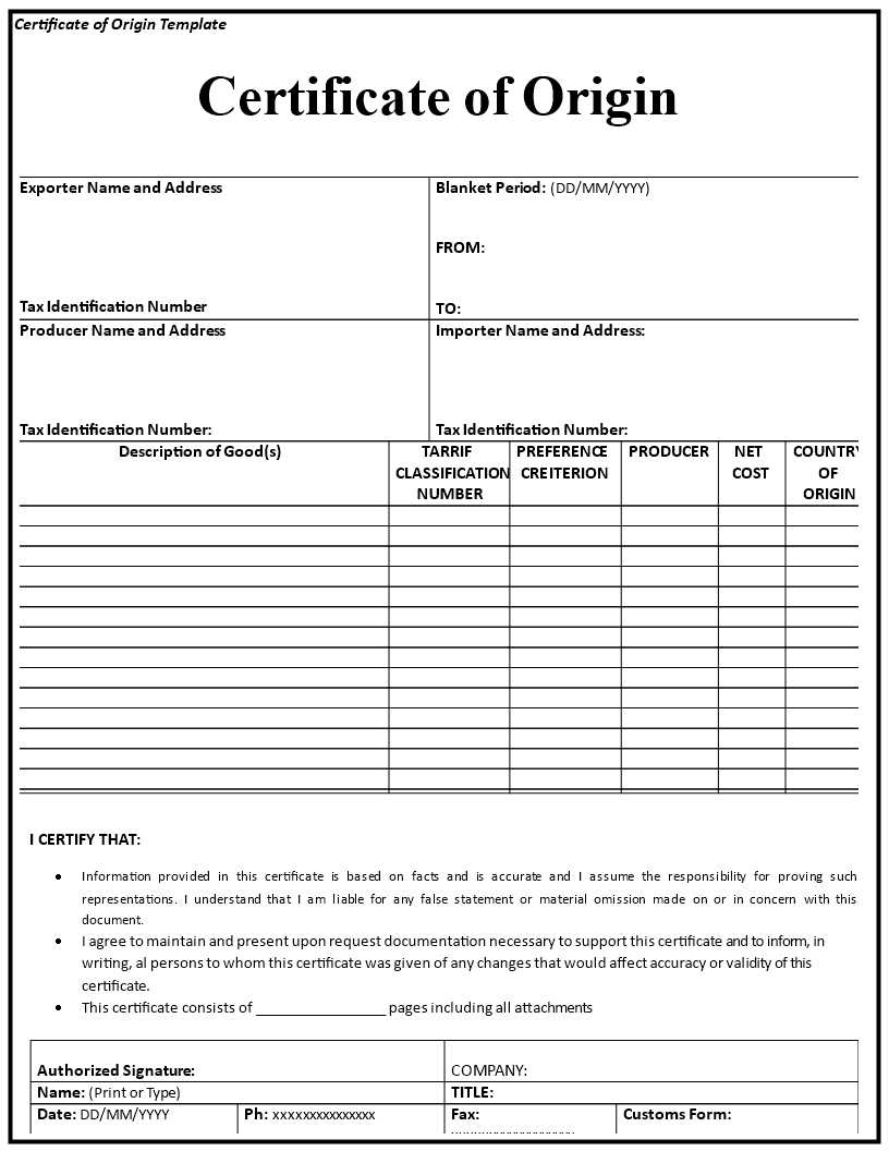 Certificate Of Origin Template | Templates At With Regard To Certificate Of Origin Template Word