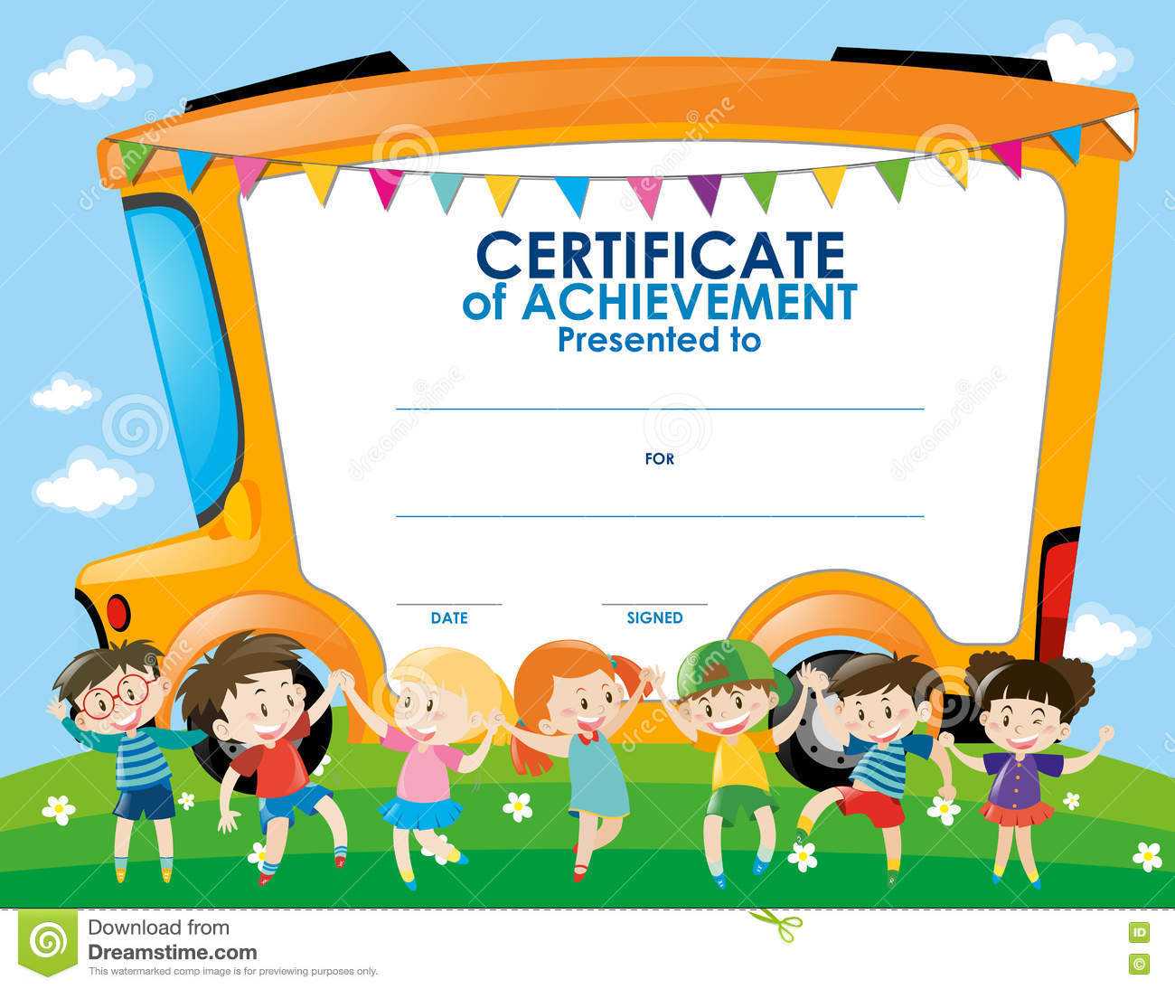 Certificate Template With Children And School Bus Stock Throughout Free Kids Certificate Templates