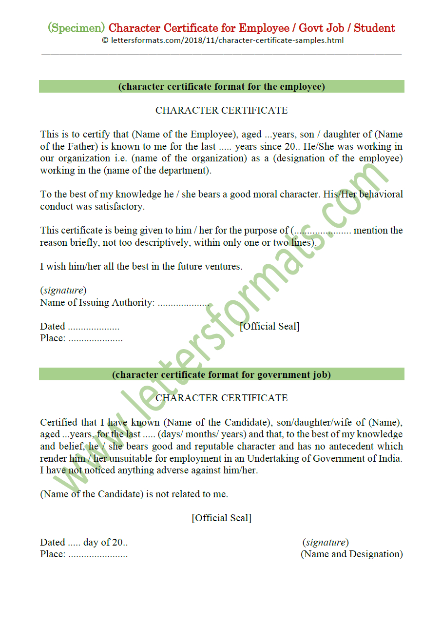 Character Certificate For Employee / Govt Job / Student (Sample) With Regard To Good Conduct Certificate Template