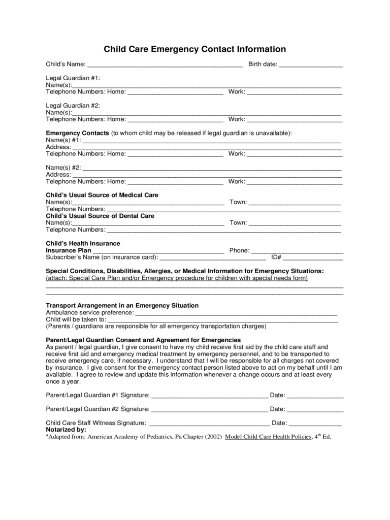 Child Care Emergency Contact Form – 2 Free Templates In Pdf Inside Emergency Contact Card Template