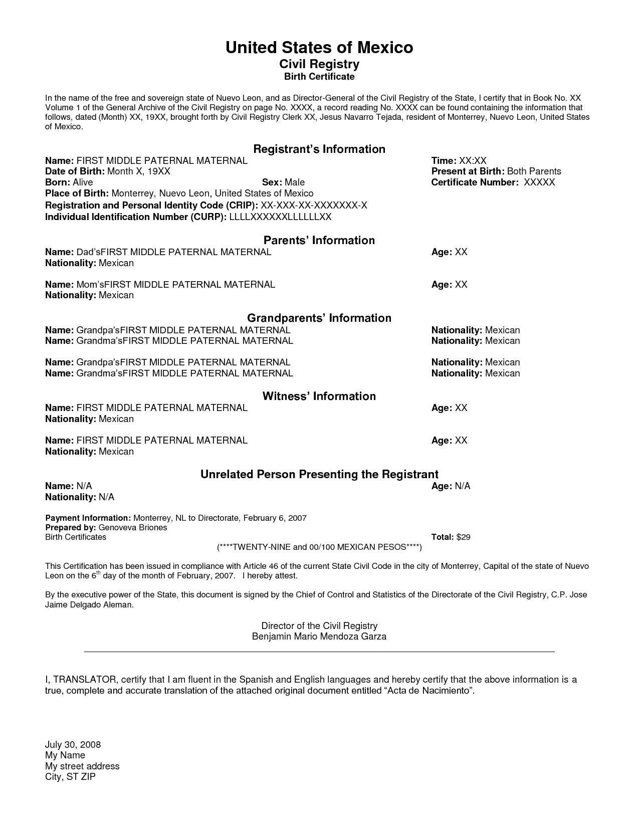 Colombian Birth Certificate Translation Template Translate Pertaining To Spanish To English Birth Certificate Translation Template