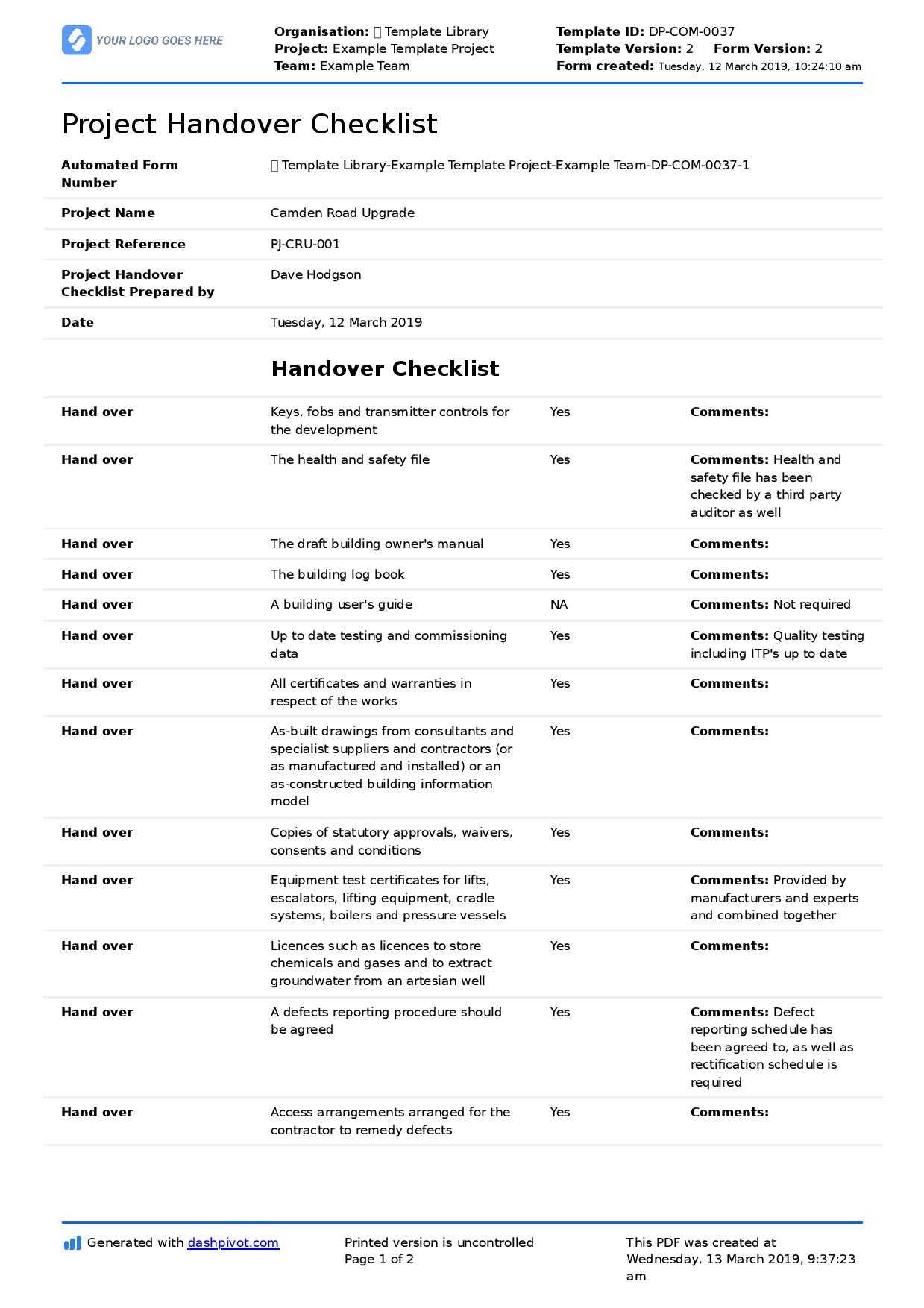 Construction Project Handover Document Sample To Use Or Copy With Handover Certificate Template