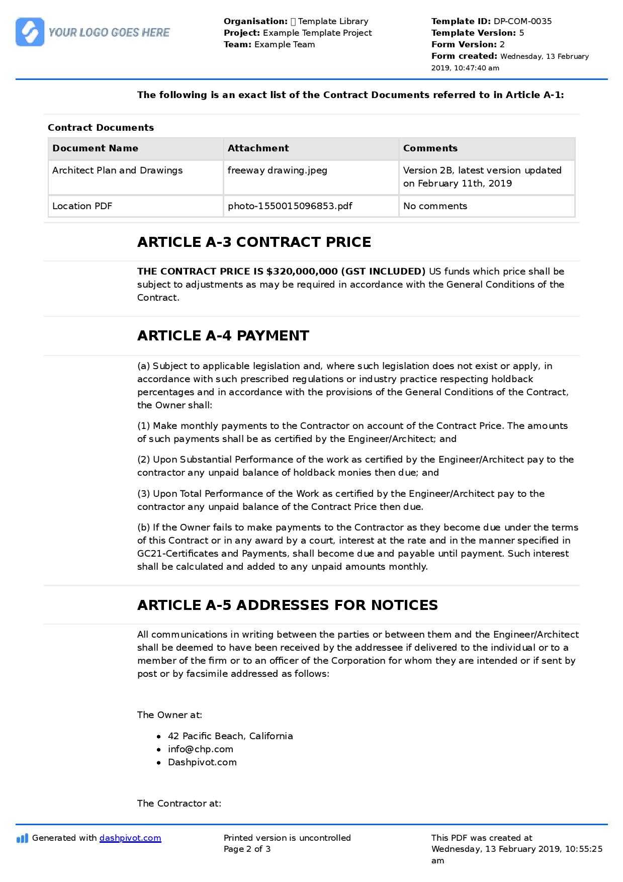 Contract Agreement For Construction Work [Sample + Template] Inside Construction Payment Certificate Template