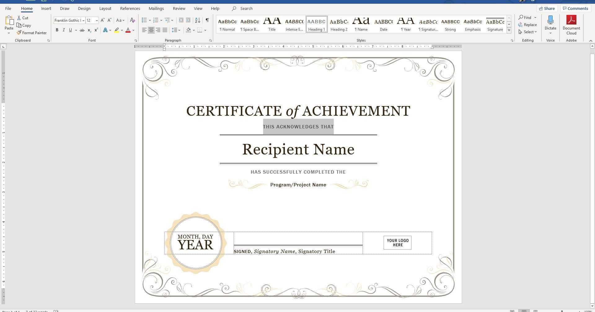 Create A Certificate Of Recognition In Microsoft Word In Word Certificate Of Achievement Template