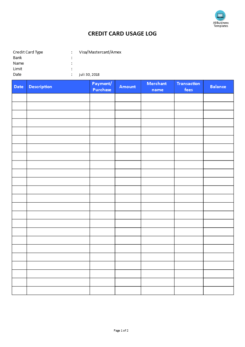 Credit Card Use Log | Templates At Allbusinesstemplates Throughout Credit Card Payment Spreadsheet Template